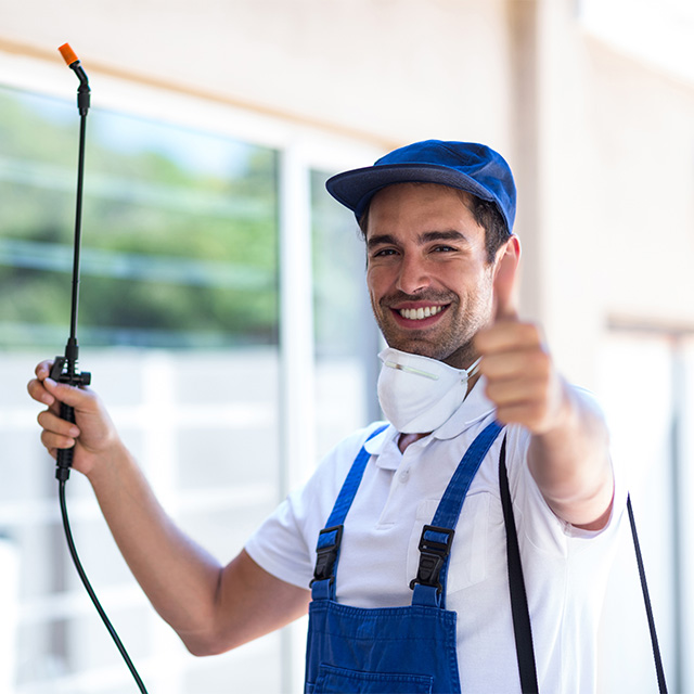 Pest control expert spraying inside a hallway